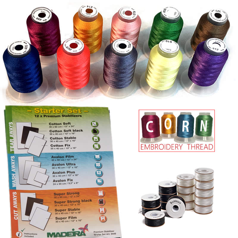 Embroidery Machine Starter Package - 7 Spools of Thread, a 10-Pack of  Bobbins and 1GB USB Flash Drive with 30 Original Embroidery Designs